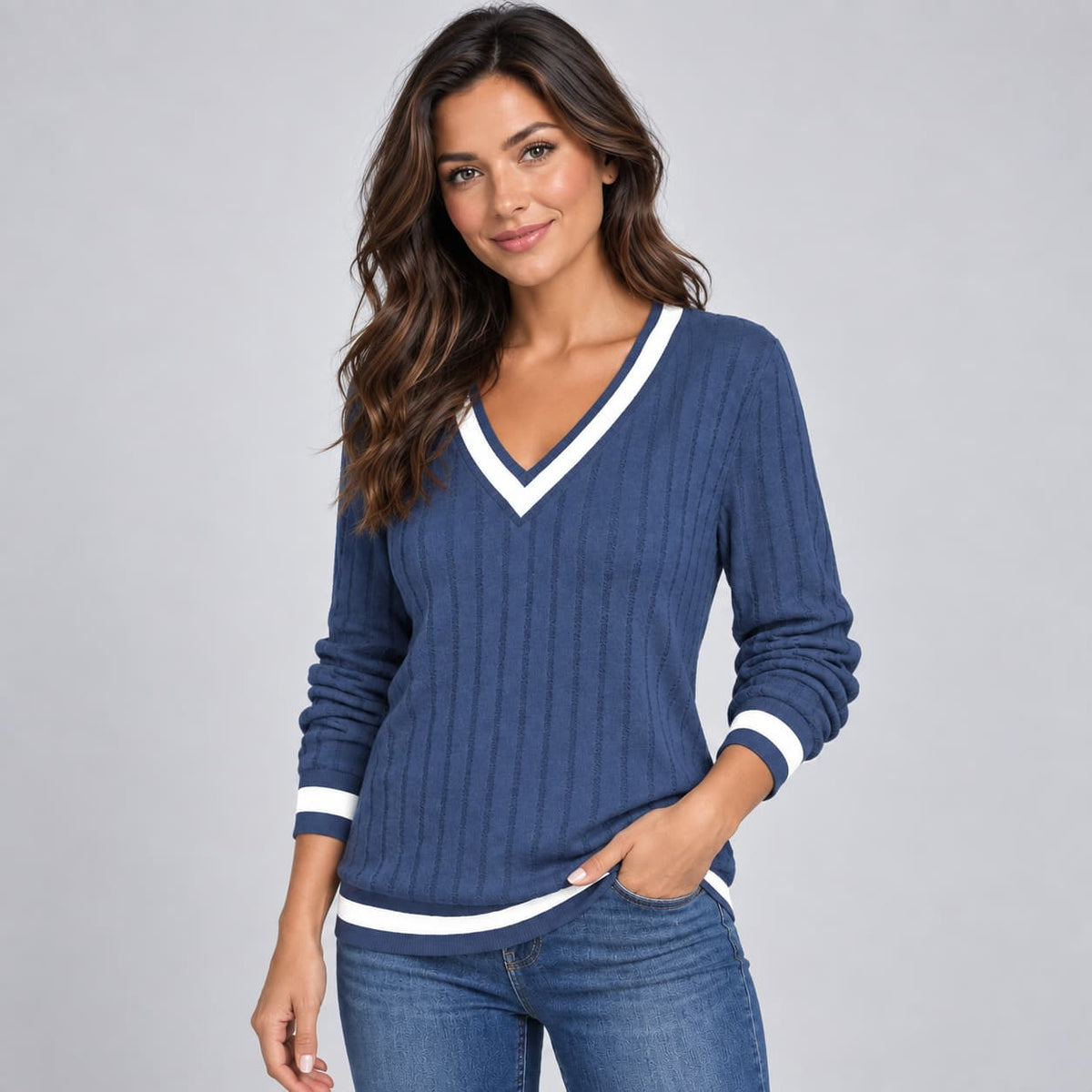 Noor Contrast V-Neck Sweater for Women - Ribbed Trim
