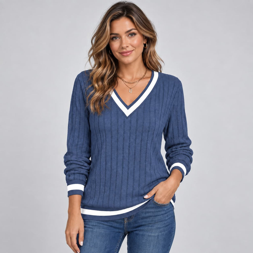 Noor Contrast V-Neck Sweater for Women - Ribbed Trim