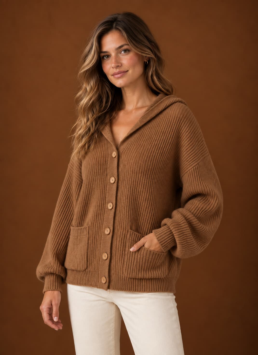 Sophie Hooded Cardigan for Women - Ribbed Button Front