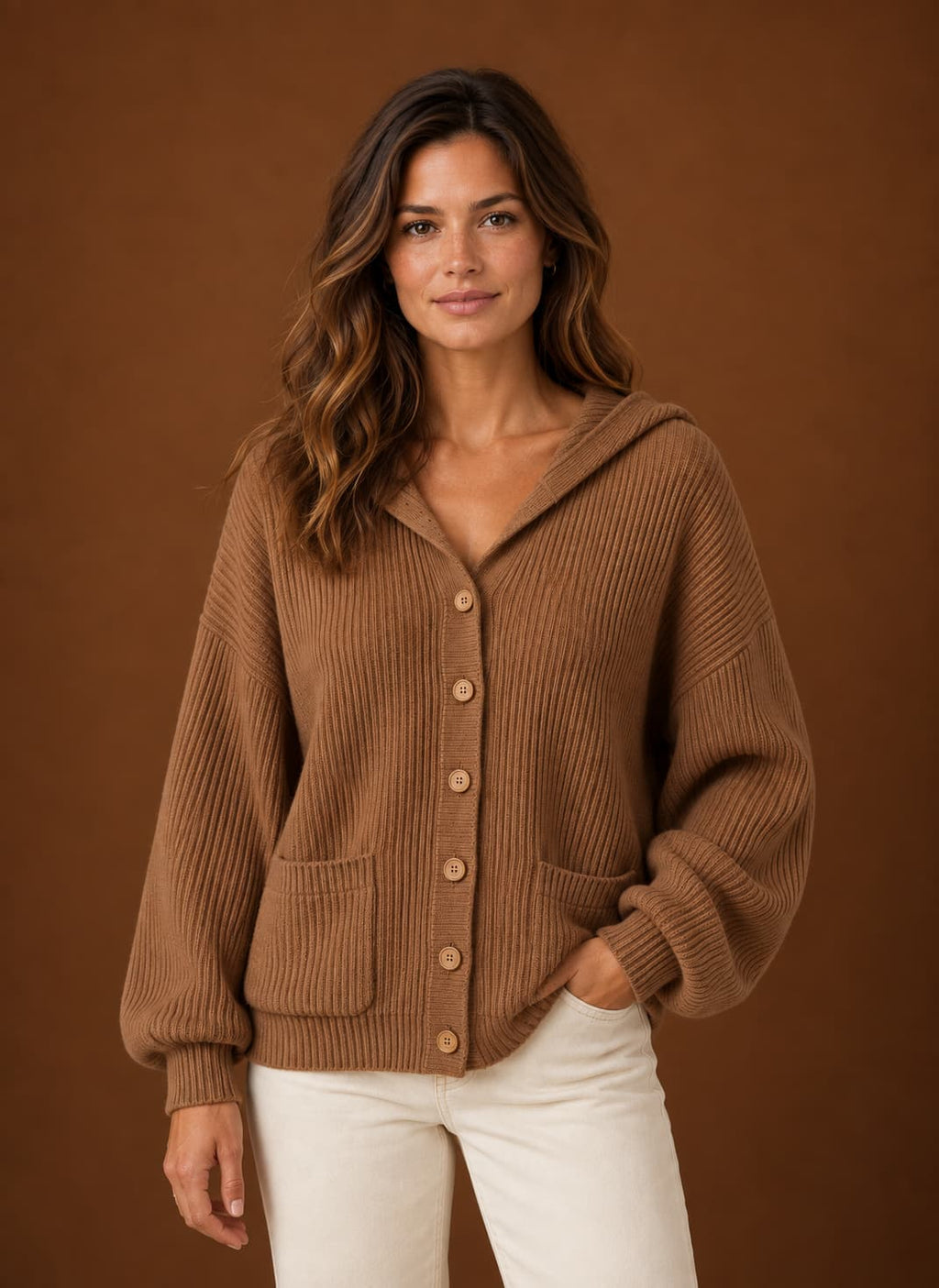 Sophie Hooded Cardigan for Women - Ribbed Button Front