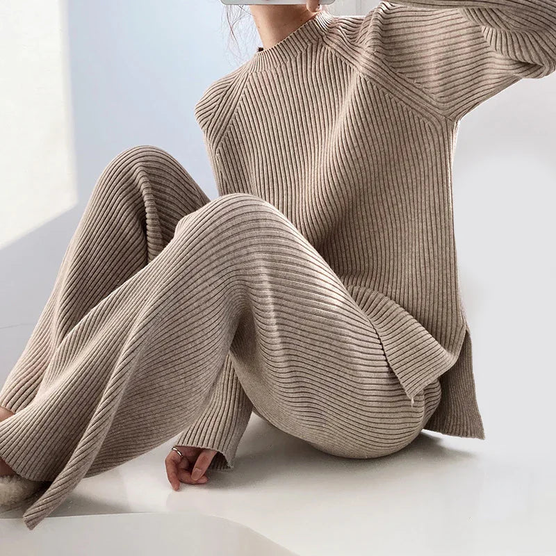 Knit Lounge Set with Ribbed Crew Neck Top — Beige