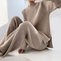 Knit Lounge Set with Ribbed Crew Neck Top — Beige