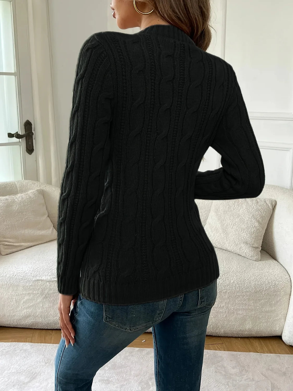 Black Cable Knit Sweater with Crew Neck