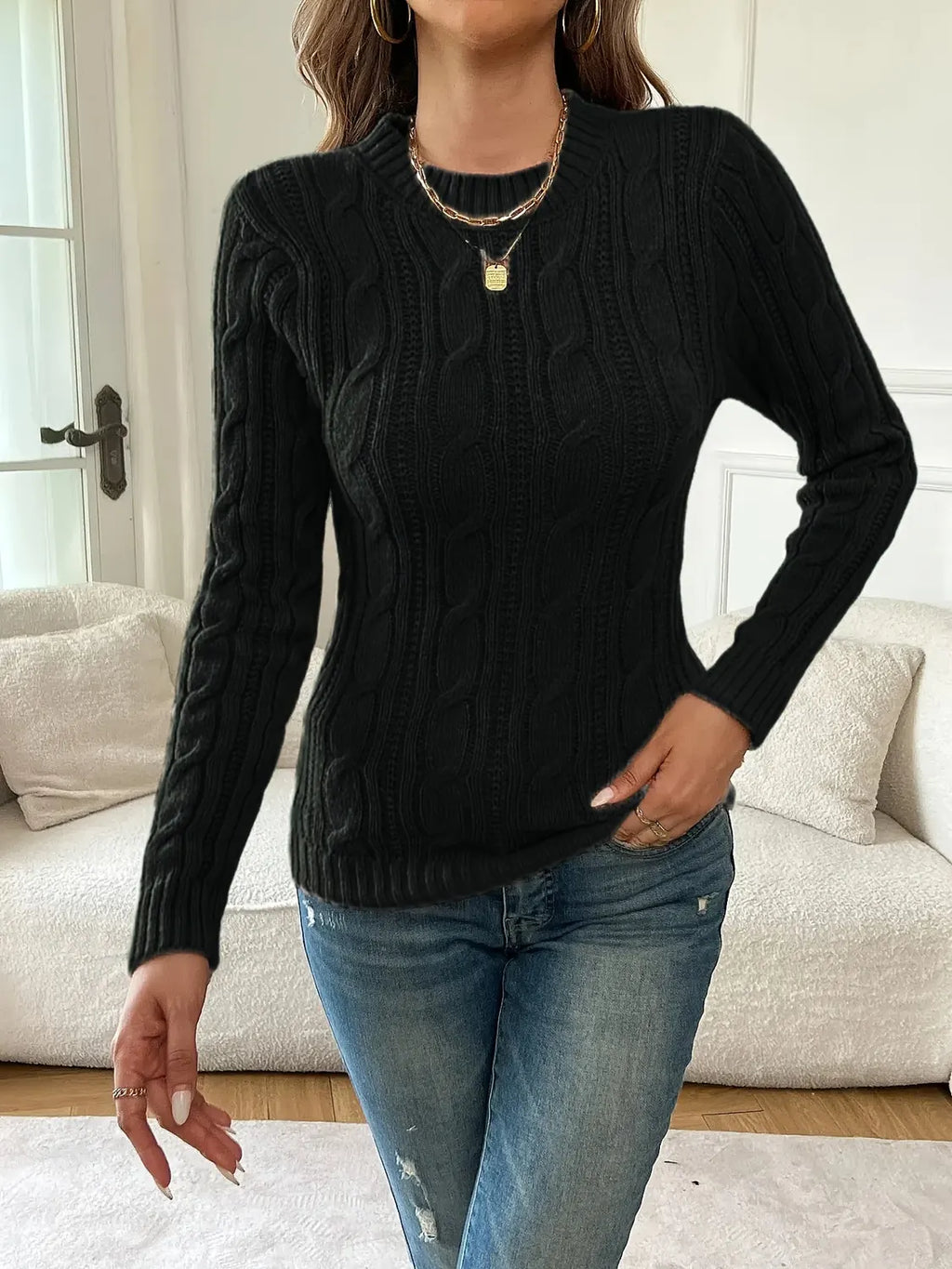 Black Cable Knit Sweater with Crew Neck