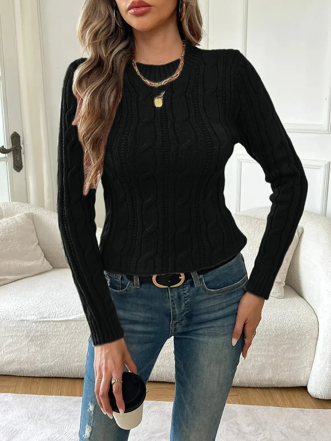 Black Cable Knit Sweater with Crew Neck