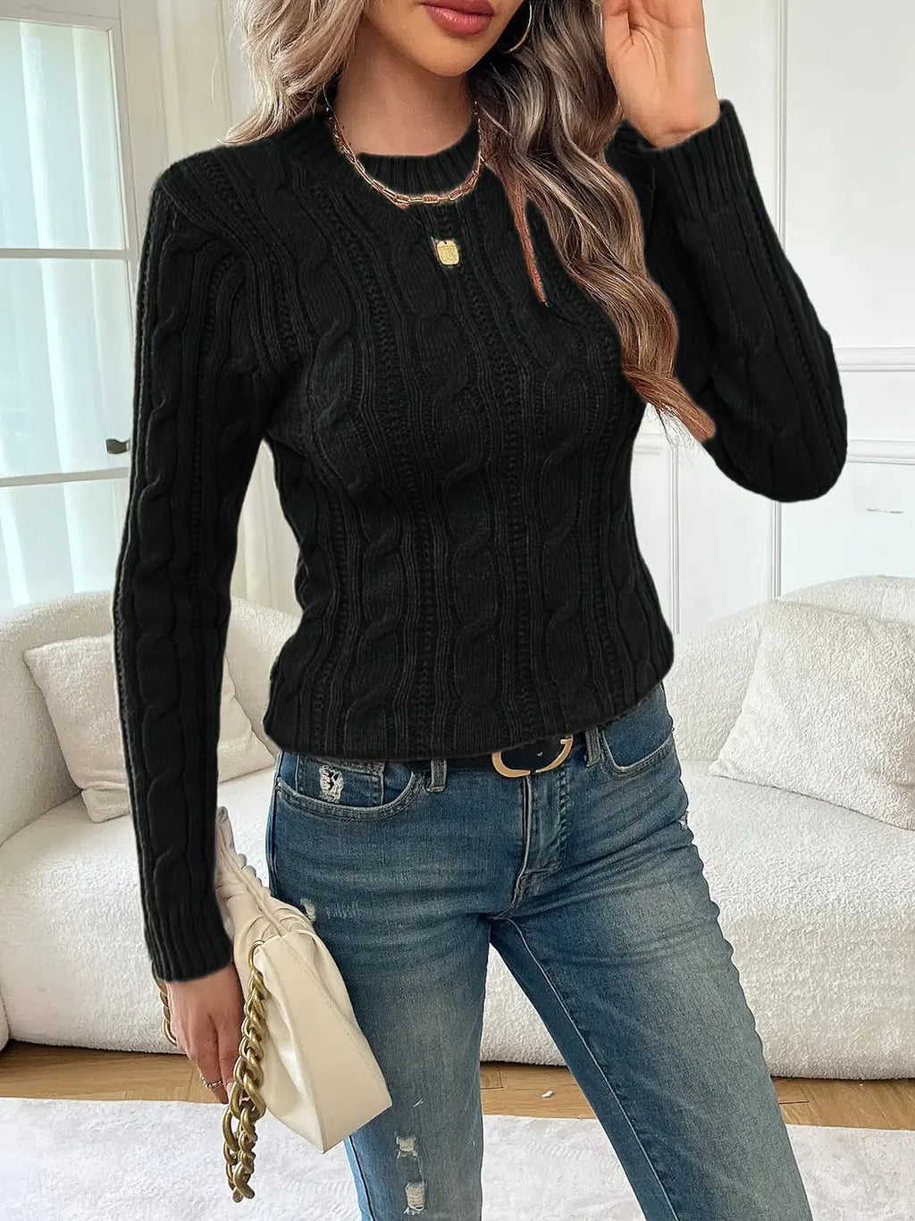 Black Cable Knit Sweater with Crew Neck
