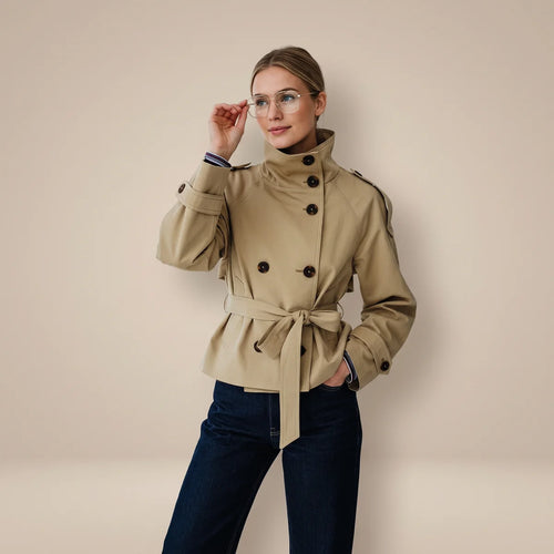 Amelia Short Trench Coat for Women - Belted Double Breasted Jacket