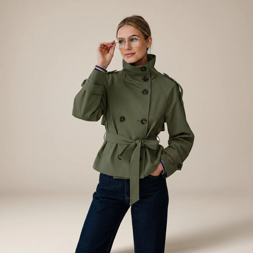 Amelia Short Trench Coat for Women - Belted Double Breasted Jacket