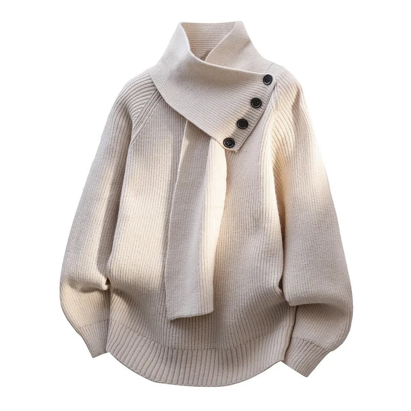 Black Scarf Neck Sweater for Women - Cozy Knit with Draped Collar