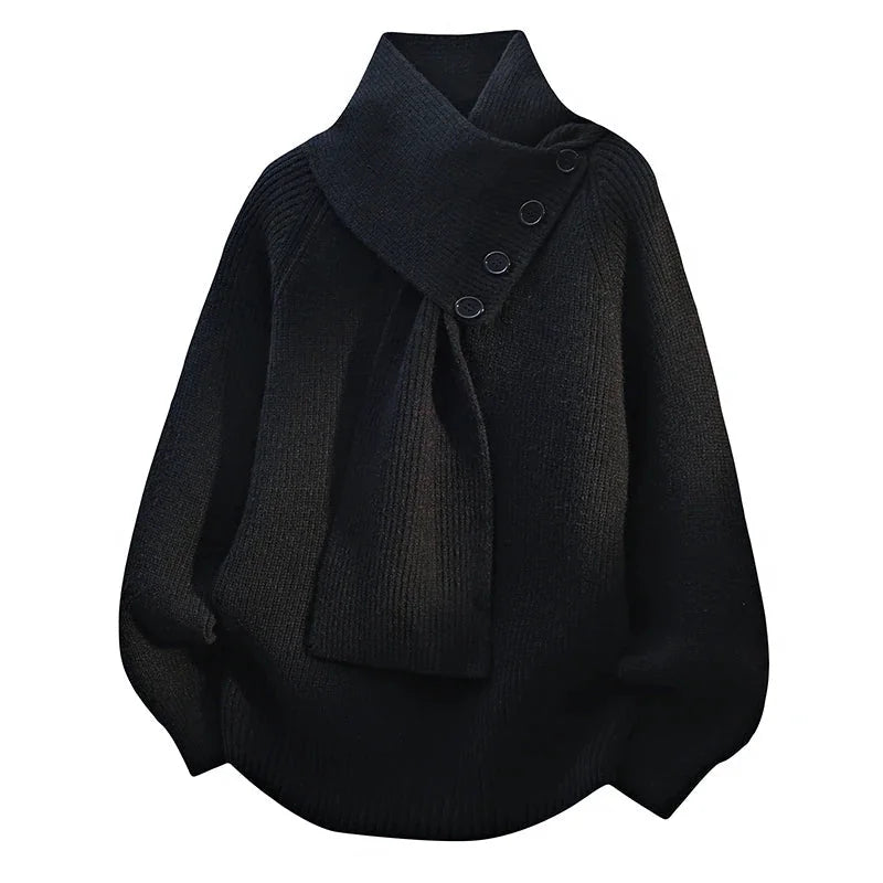 Black Scarf Neck Sweater for Women - Cozy Knit with Draped Collar