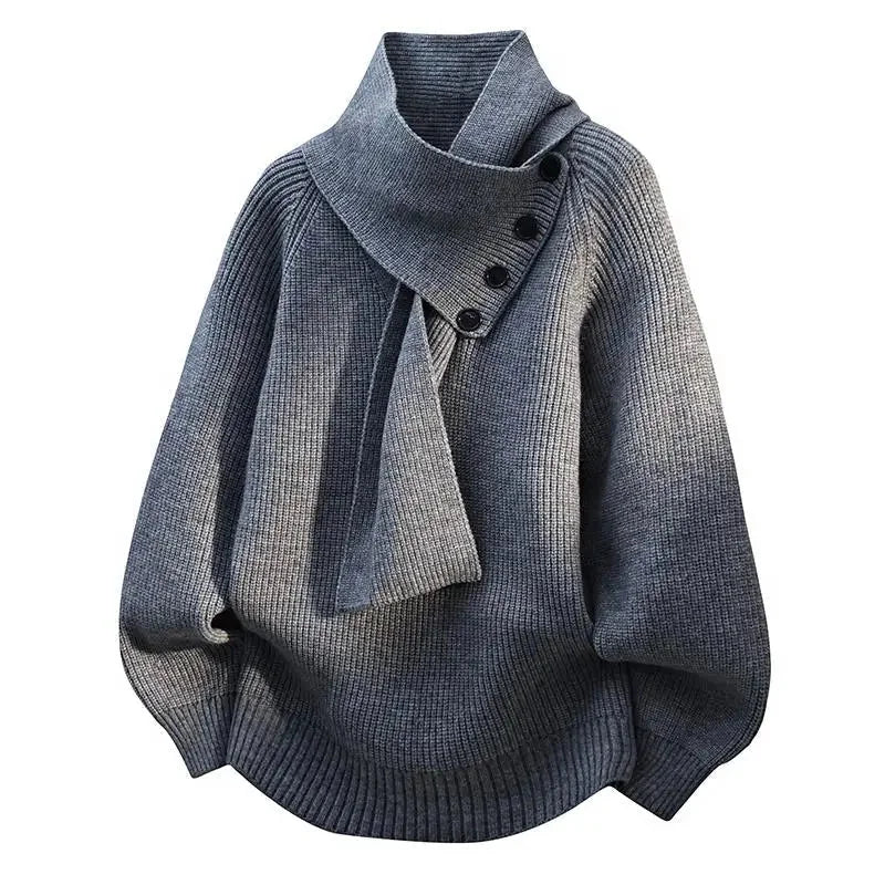 Black Scarf Neck Sweater for Women - Cozy Knit with Draped Collar