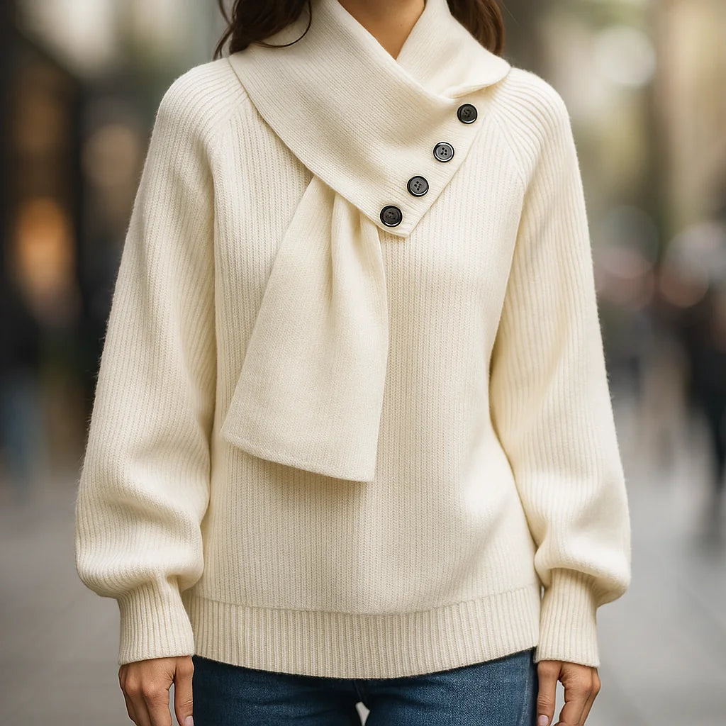 Black Scarf Neck Sweater for Women - Cozy Knit with Draped Collar