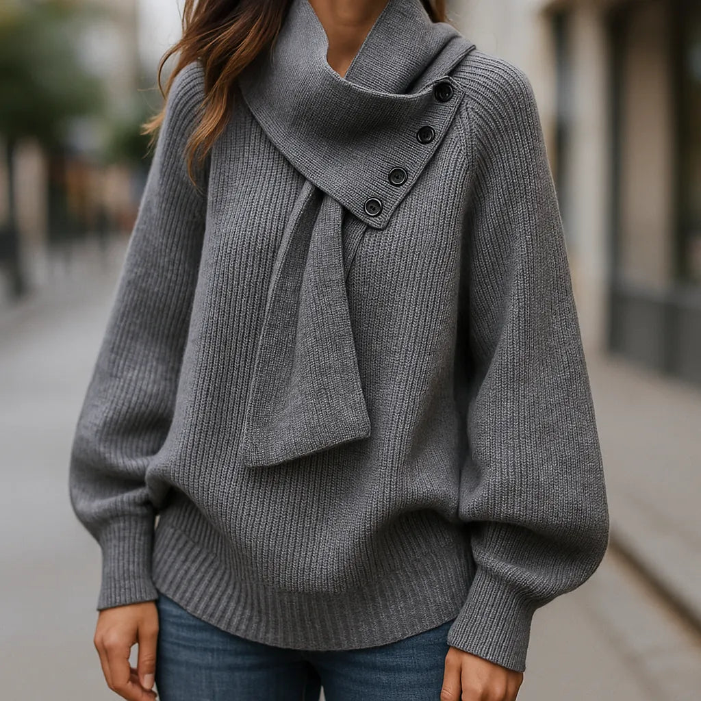 Black Scarf Neck Sweater for Women - Cozy Knit with Draped Collar