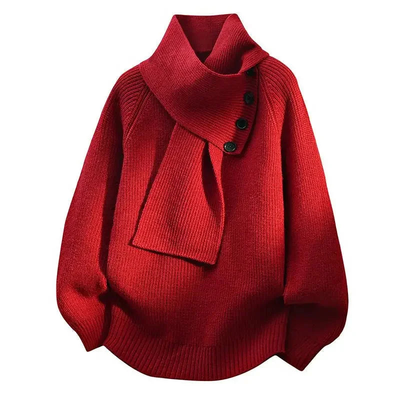 Black Scarf Neck Sweater for Women - Cozy Knit with Draped Collar