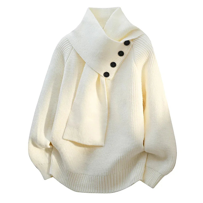 Black Scarf Neck Sweater for Women - Cozy Knit with Draped Collar