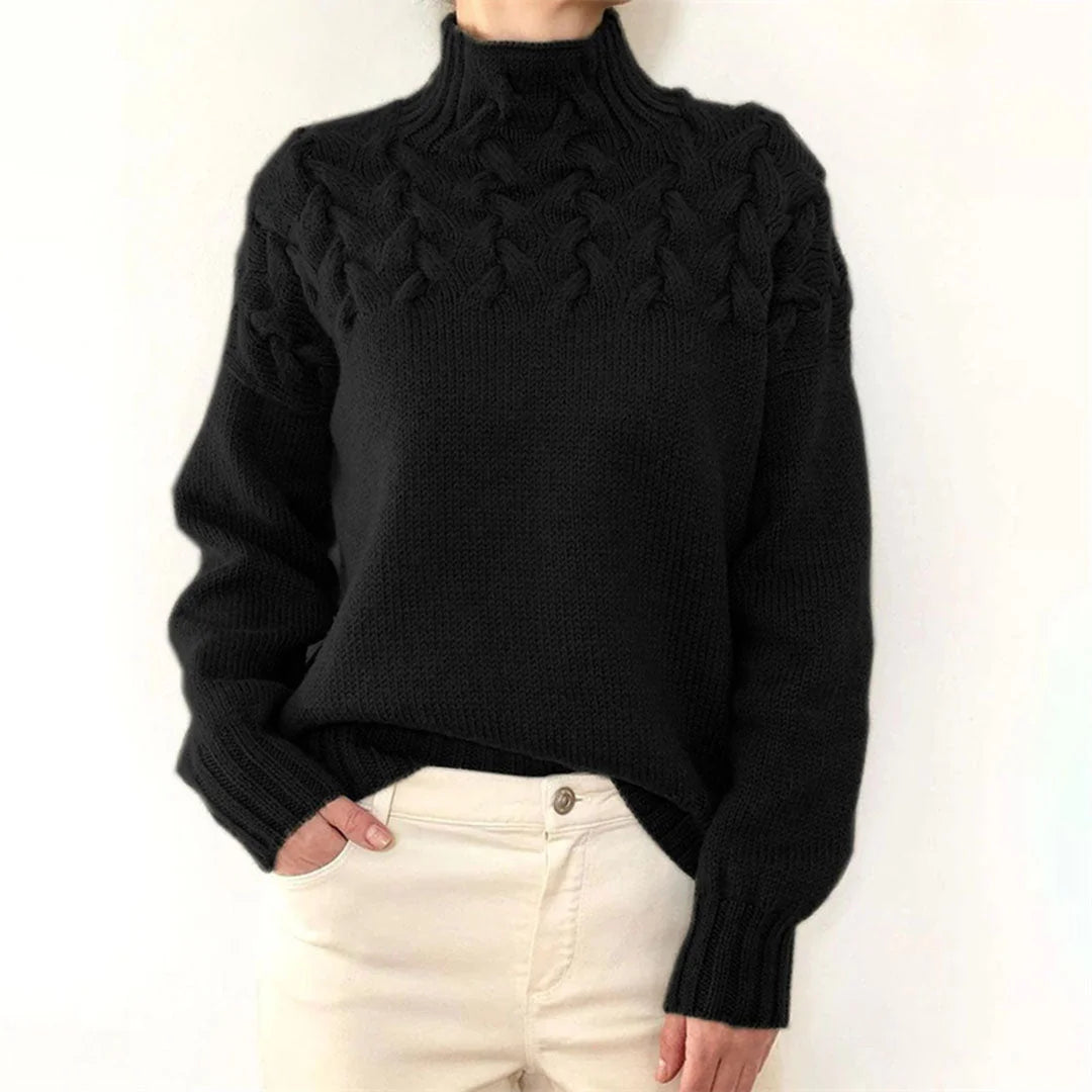 Black Sweater – Cable-Knit Yoke Turtleneck Oversized