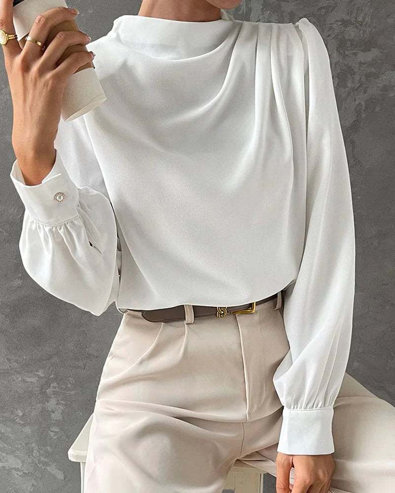 Blouse – White Satin High Neck Ruffle Long Sleeve