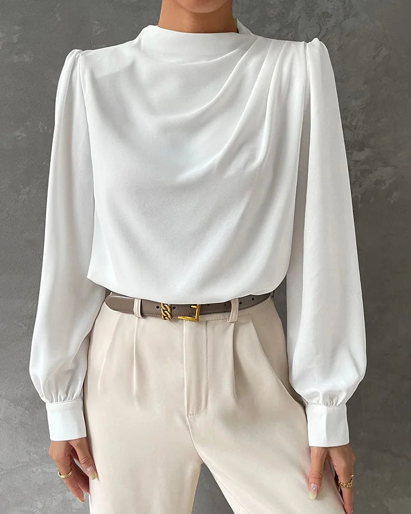 Blouse – White Satin High Neck Ruffle Long Sleeve