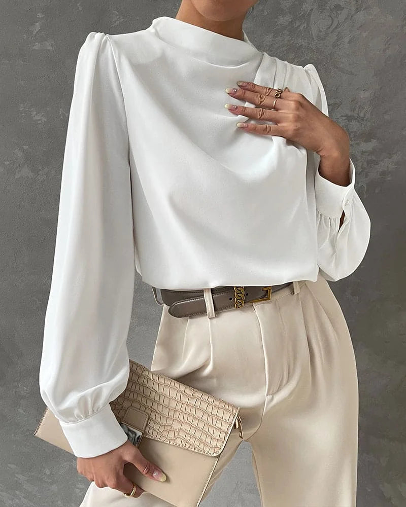 Blouse – White Satin High Neck Ruffle Long Sleeve