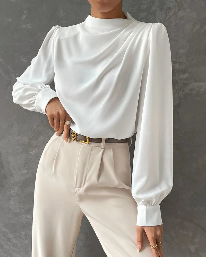 Blouse – White Satin High Neck Ruffle Long Sleeve