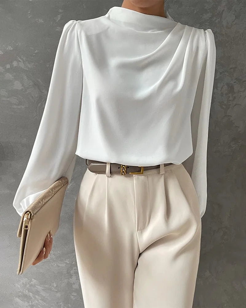 Blouse – White Satin High Neck Ruffle Long Sleeve