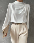 Blouse – White Satin High Neck Ruffle Long Sleeve