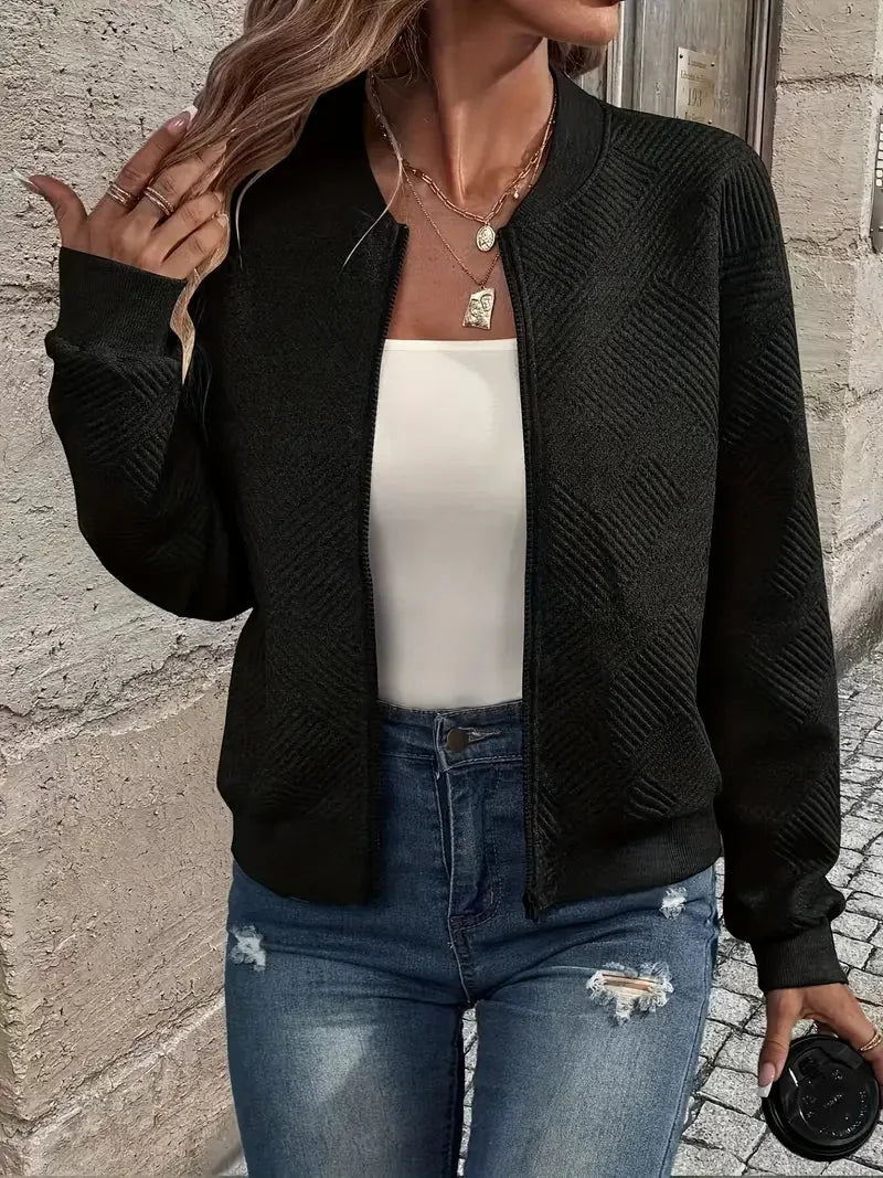 Bomber Jacket – Black Textured Zip-Front