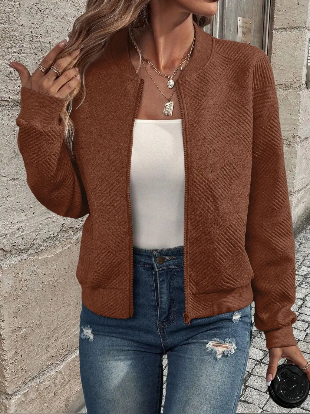 Bomber Jacket – Black Textured Zip-Front