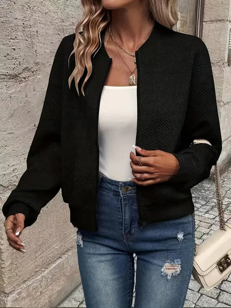 Bomber Jacket – Black Textured Zip-Front