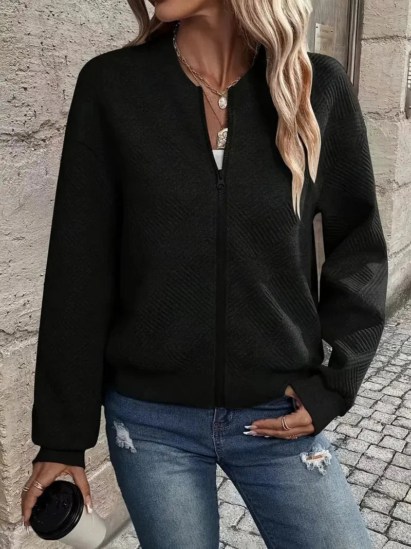 Bomber Jacket – Black Textured Zip-Front