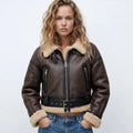 Bomber Jacket – Brown Cropped Double-Faced Ribbed-Trim