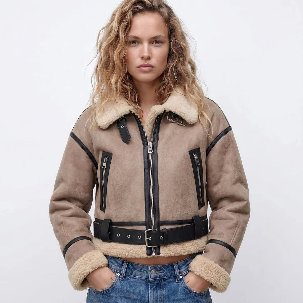 Bomber Jacket – Brown Cropped Double-Faced Ribbed-Trim