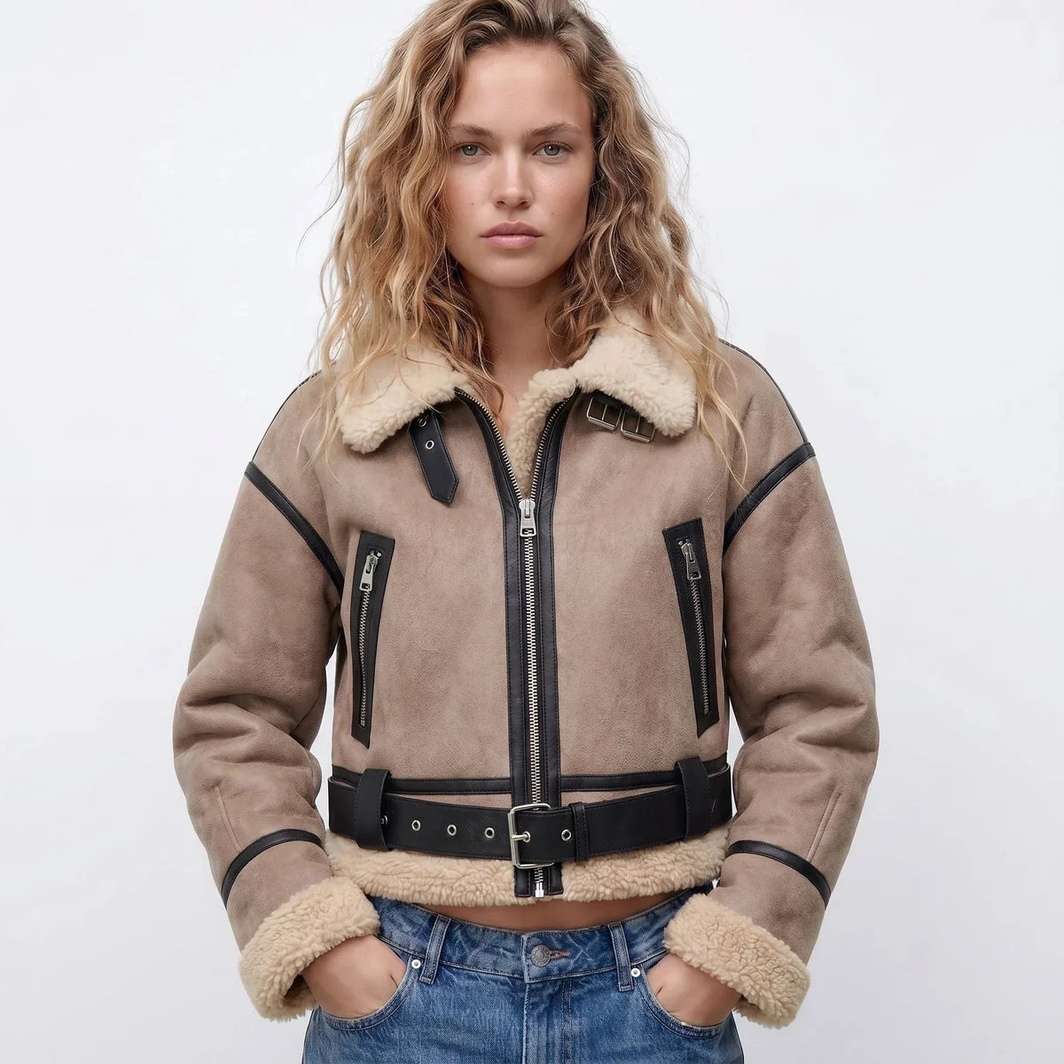 Bomber Jacket – Brown Cropped Double-Faced Ribbed-Trim
