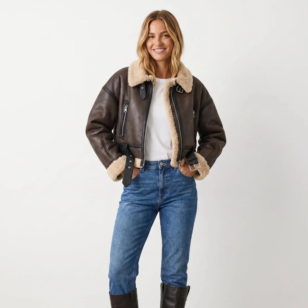 Bomber Jacket – Brown Cropped Double-Faced Ribbed-Trim