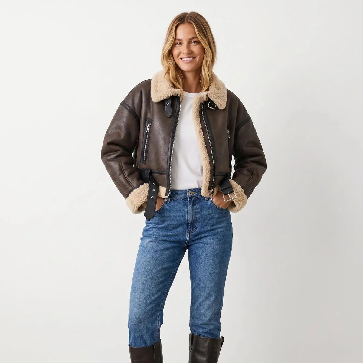 Bomber Jacket – Brown Cropped Double-Faced Ribbed-Trim
