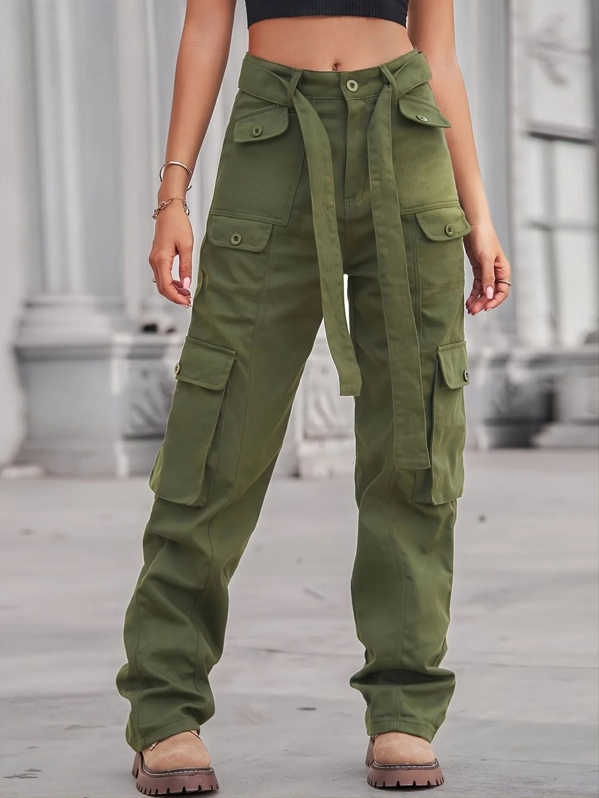 Cargo Pants for Women – Black High Waisted Cargo Pants with Belt