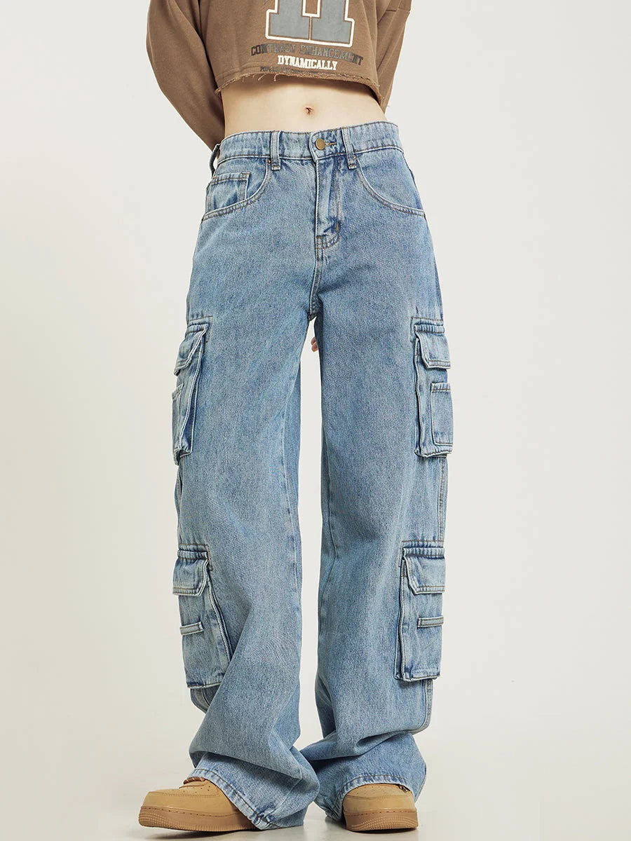 Cargo Pants for Women – Light Blue Baggy Cargo Jeans Wide Leg