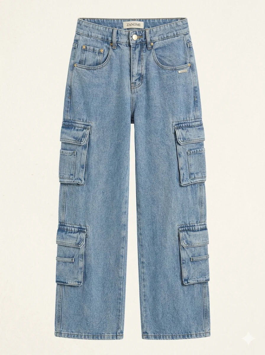 Cargo Pants for Women – Light Blue Baggy Cargo Jeans Wide Leg