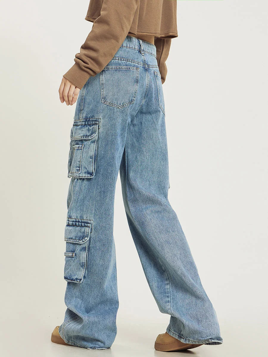 Cargo Pants for Women – Light Blue Baggy Cargo Jeans Wide Leg