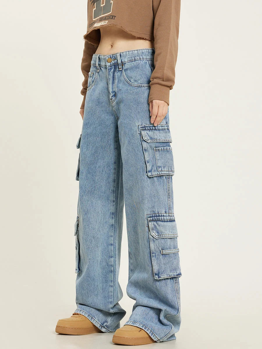 Cargo Pants for Women – Light Blue Baggy Cargo Jeans Wide Leg