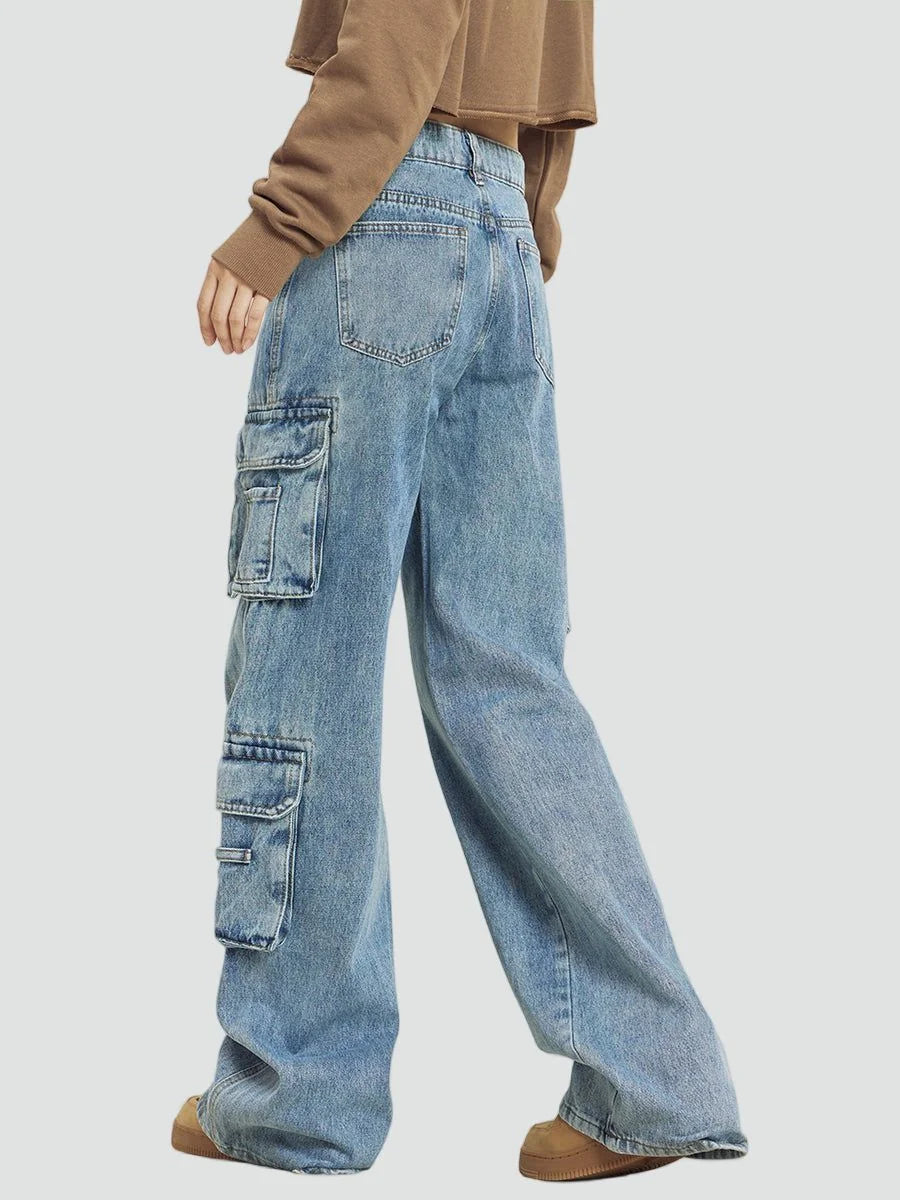 Cargo Pants for Women – Light Blue Baggy Cargo Jeans Wide Leg