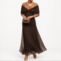 Chiffon Maxi Dress – Dark Brown Off Shoulder Draped Mermaid
