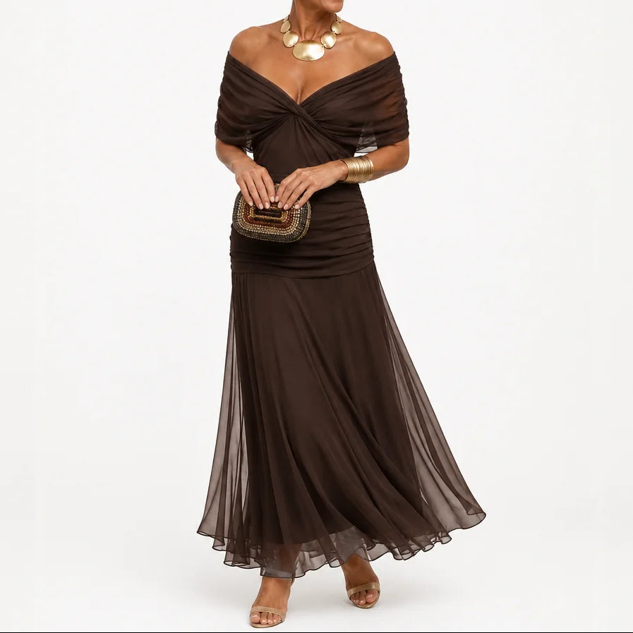 Chiffon Maxi Dress – Dark Brown Off Shoulder Draped Mermaid