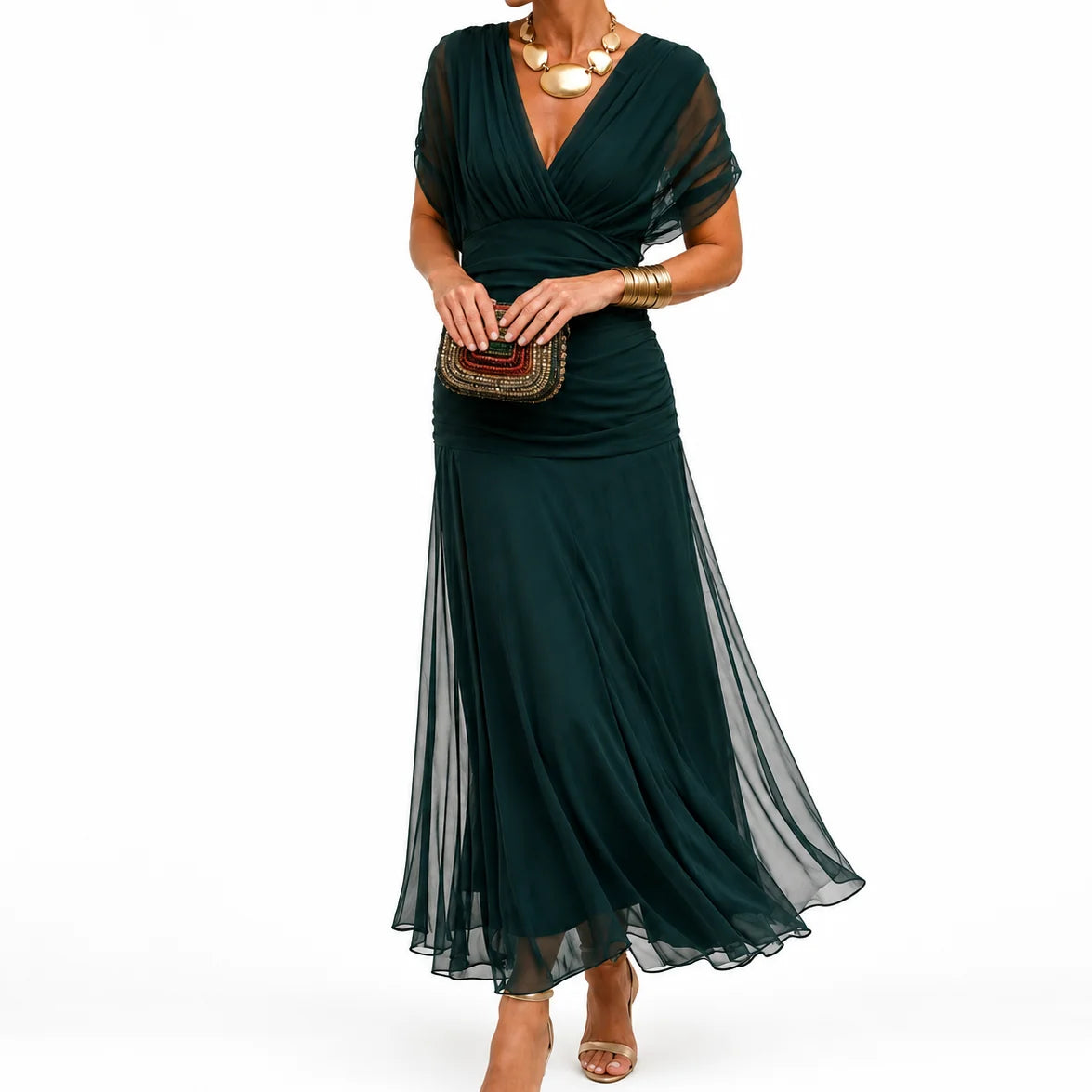 Chiffon Maxi Dress – Dark Brown Off Shoulder Draped Mermaid