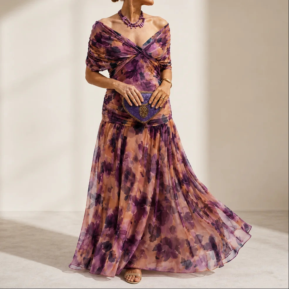 Chiffon Maxi Dress – Dark Brown Off Shoulder Draped Mermaid