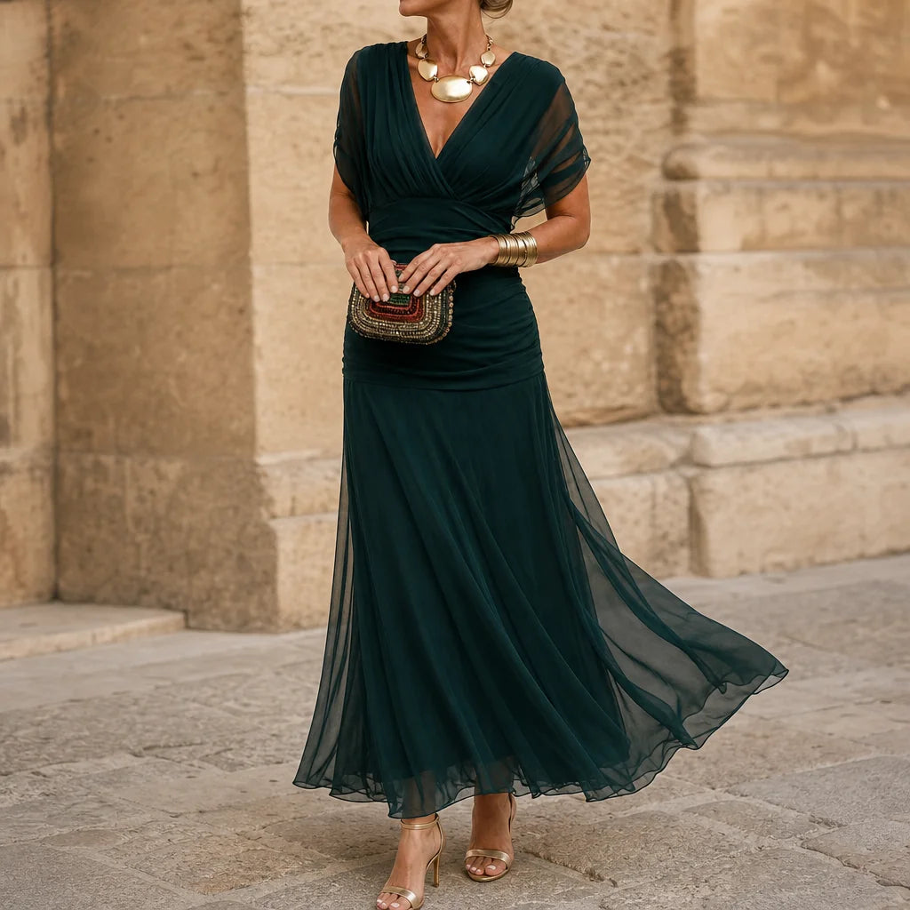Chiffon Maxi Dress – Dark Brown Off Shoulder Draped Mermaid