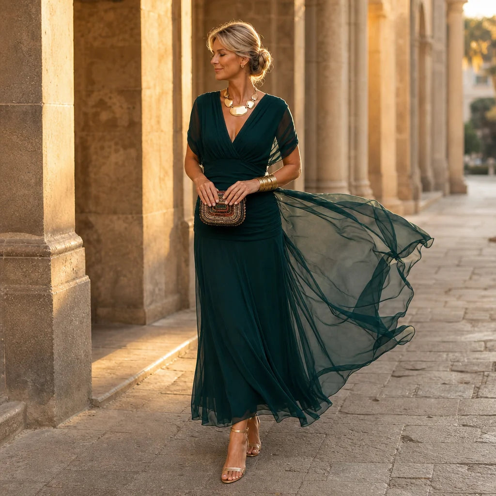 Chiffon Maxi Dress – Dark Brown Off Shoulder Draped Mermaid