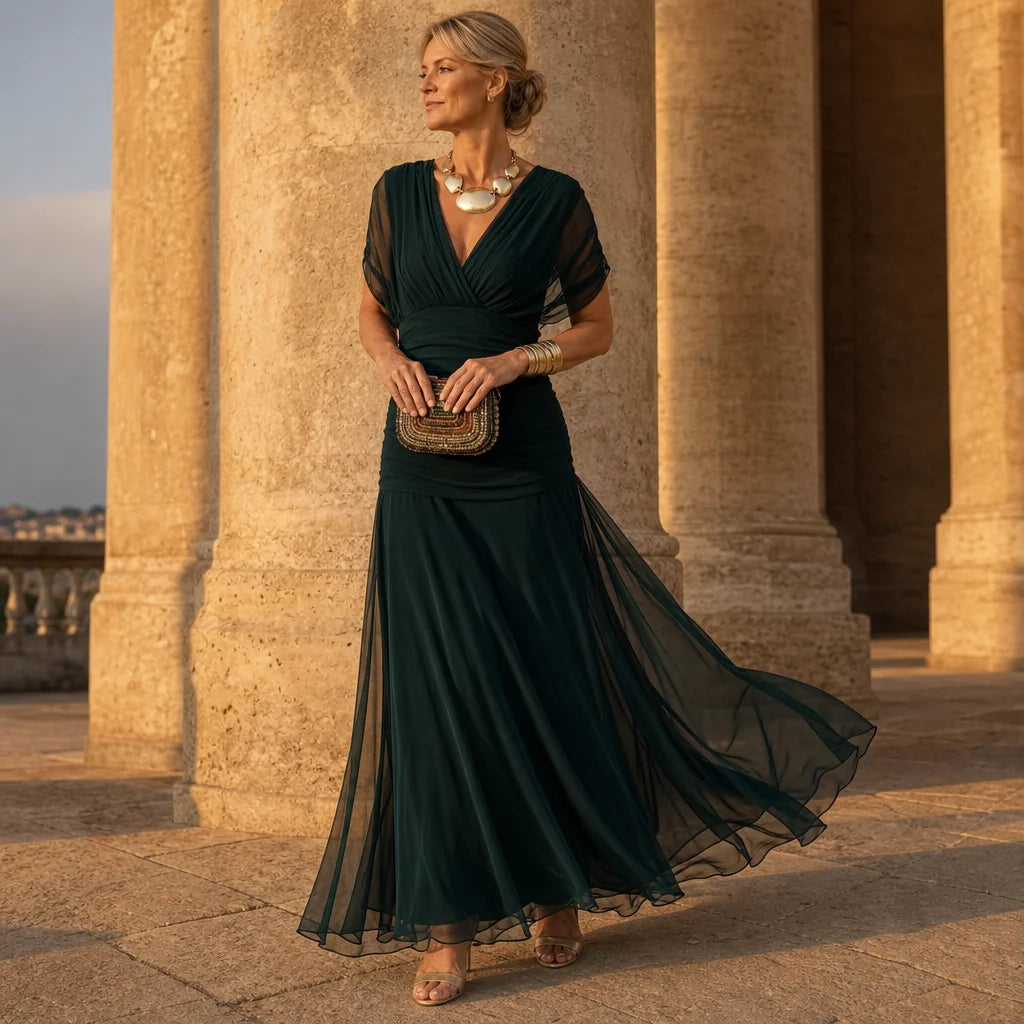 Chiffon Maxi Dress – Dark Brown Off Shoulder Draped Mermaid