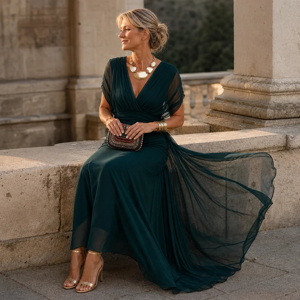 Chiffon Maxi Dress – Dark Brown Off Shoulder Draped Mermaid