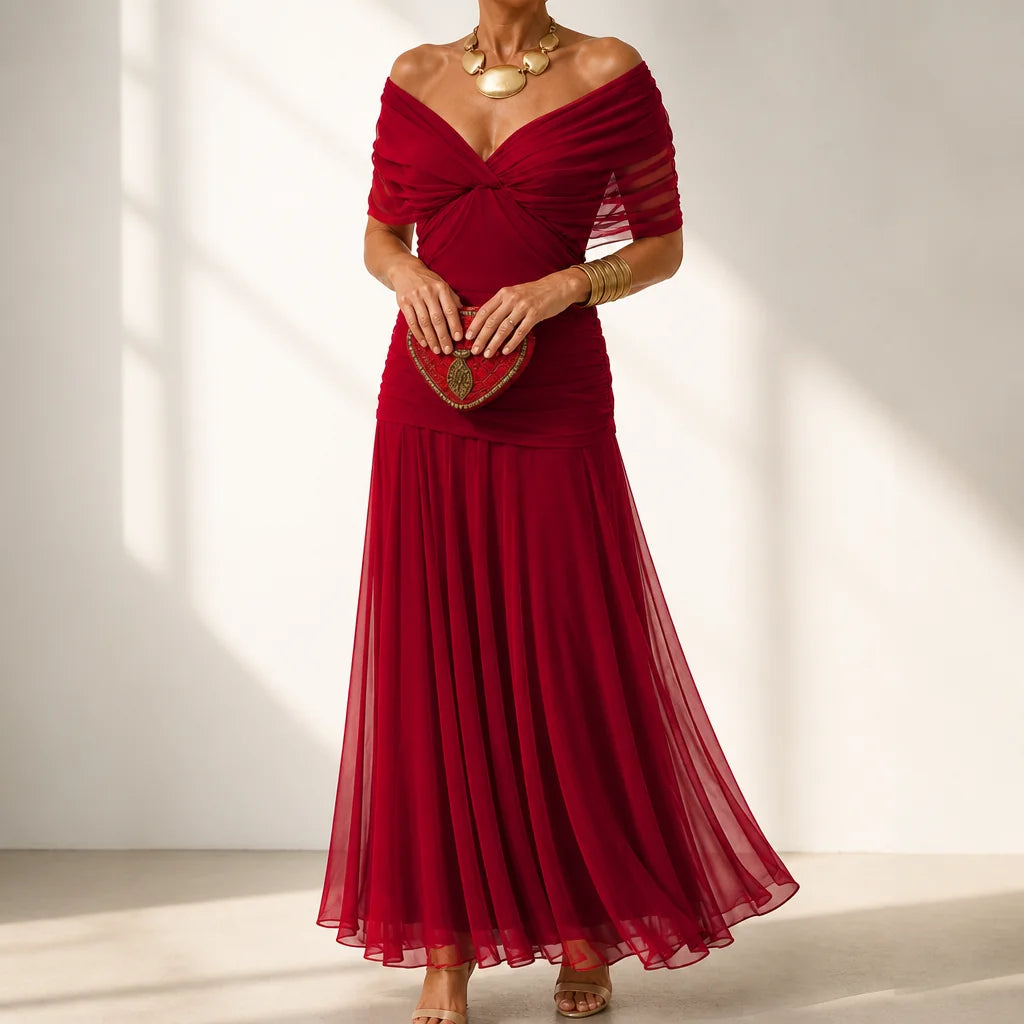 Chiffon Maxi Dress – Dark Brown Off Shoulder Draped Mermaid